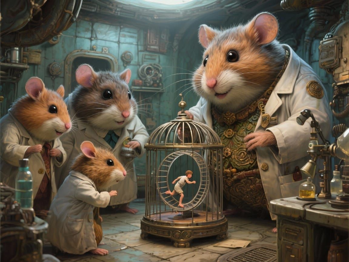 Giant Hamster Scientists Observe Human in Cage