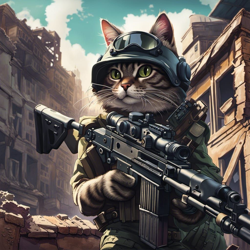 Anime Cat Sniper in Urban Combat Zone