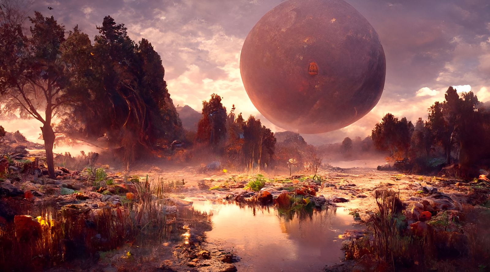 Surreal Alien Landscape with Glowing Trees in Kinetic Pointi...