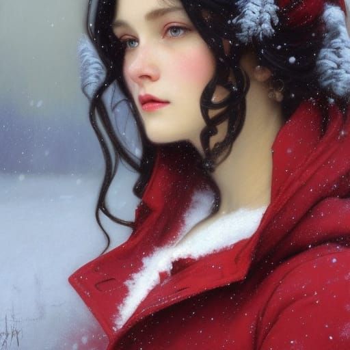 Beautiful Woman in Red Coat in Snowfall