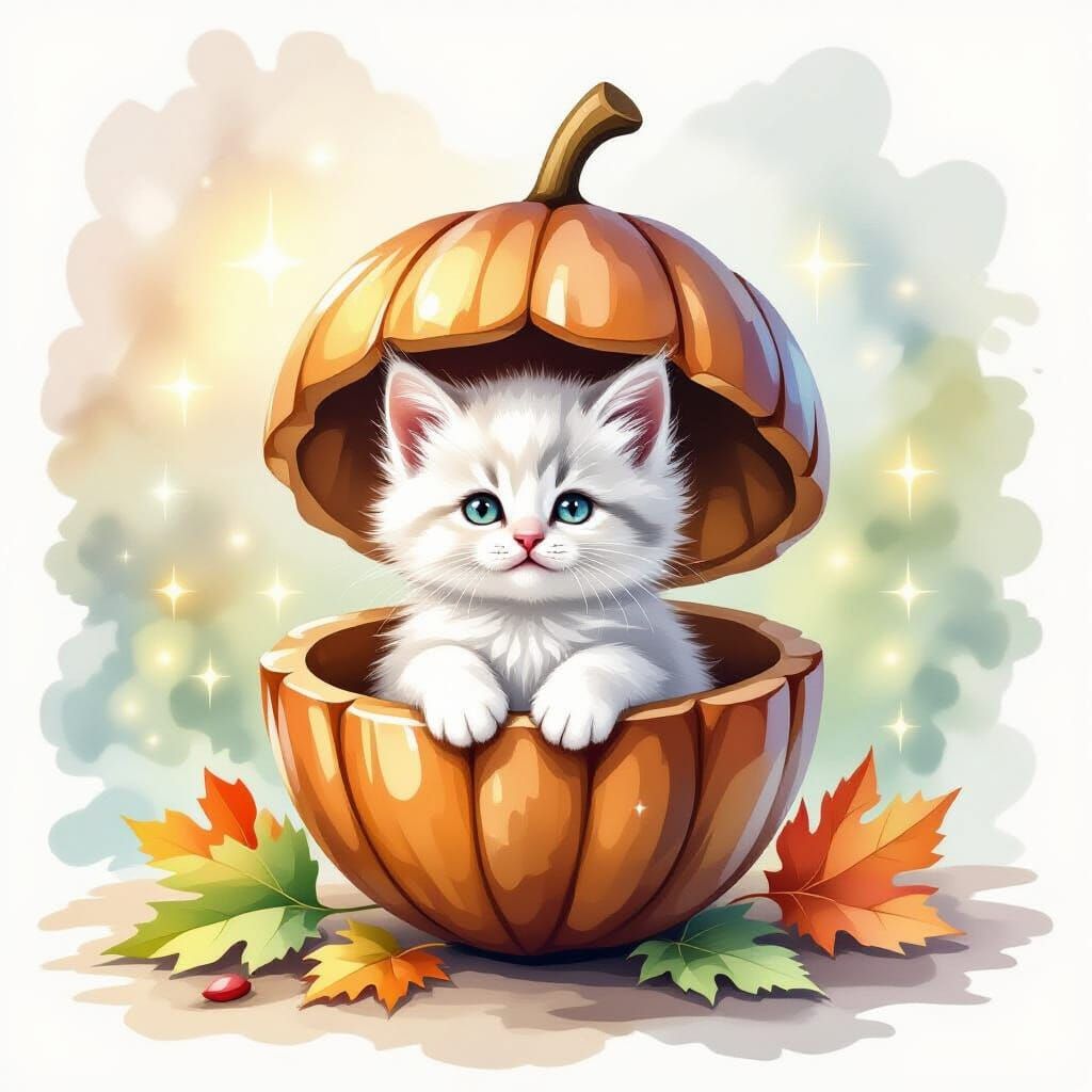 Mystical Kitten in Ruby Acorn, Watercolor Art