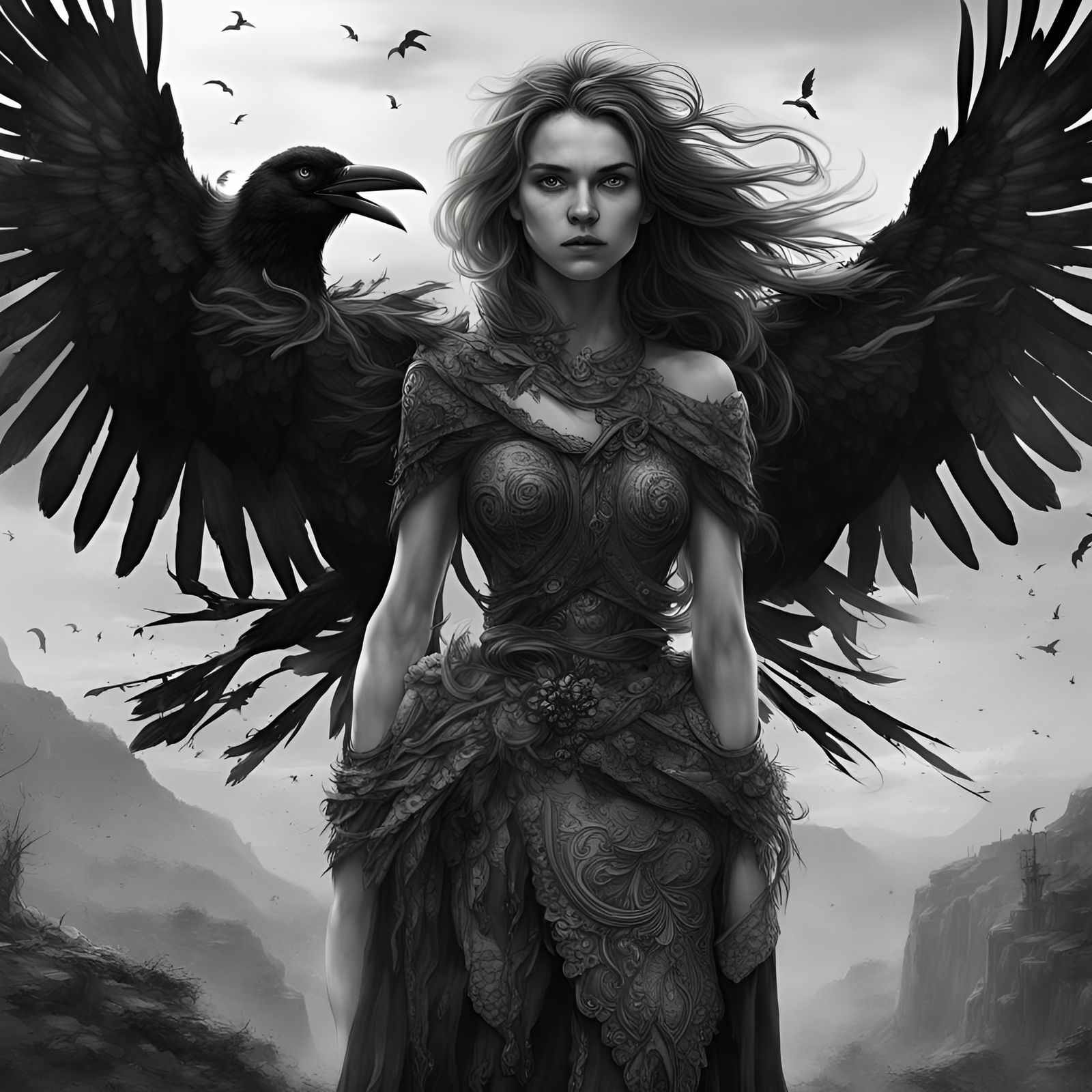 Beautiful Raven Girl Sketch in Black and White