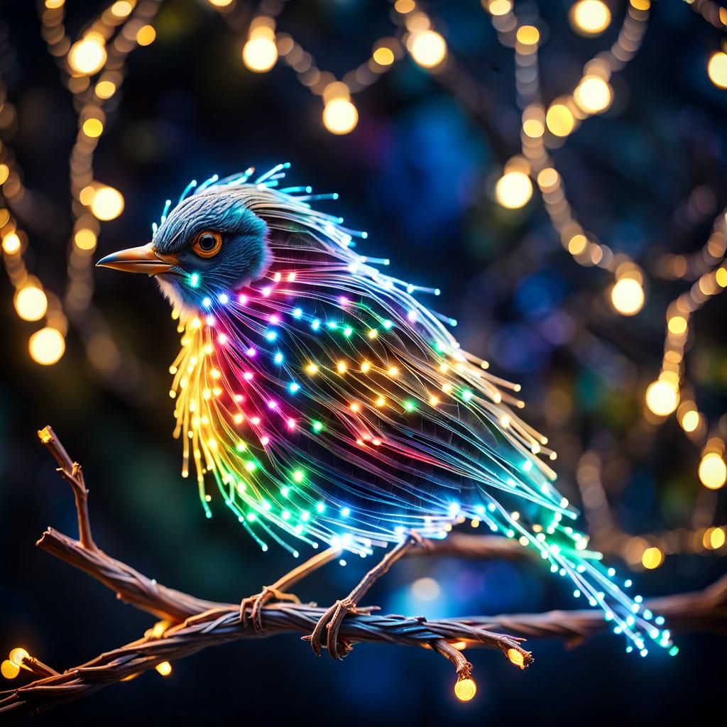 Neon LED Bird on Branch in Fantasy Cosmos