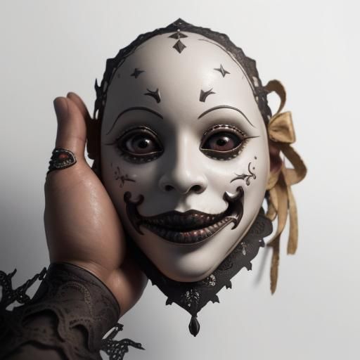 Creepy Smiling Carnival Mask in Hand: Photorealistic