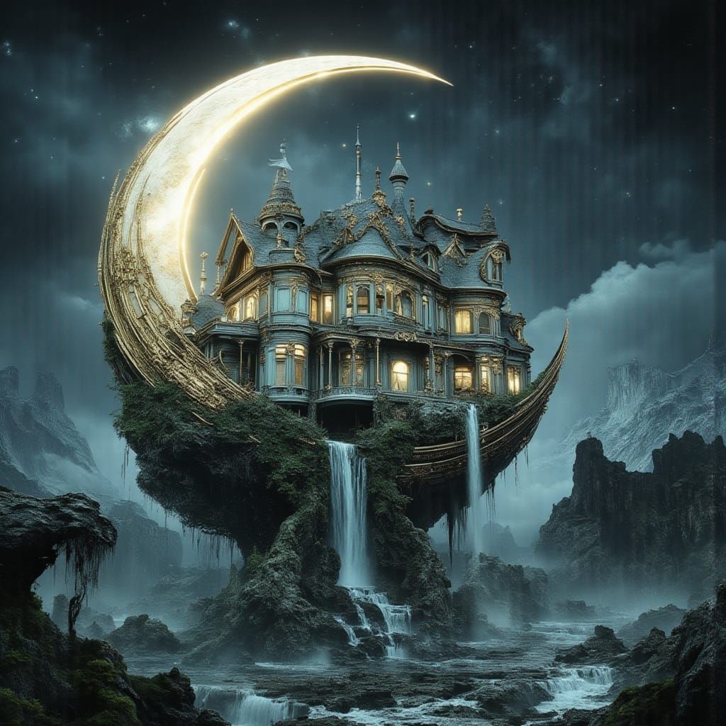 Victorian House on Crescent Moon in Surreal Landscape