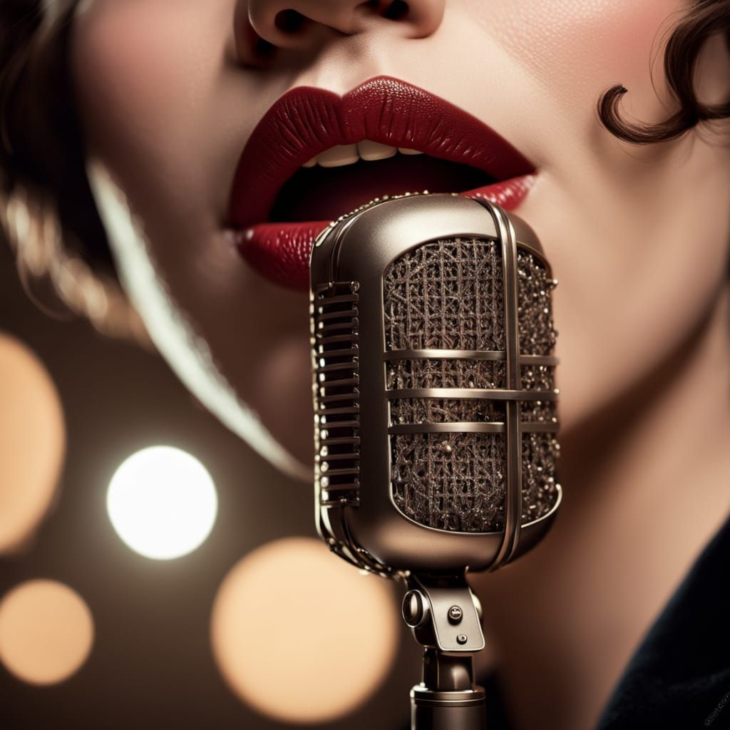 Art Deco Woman's Lips at Vintage Microphone