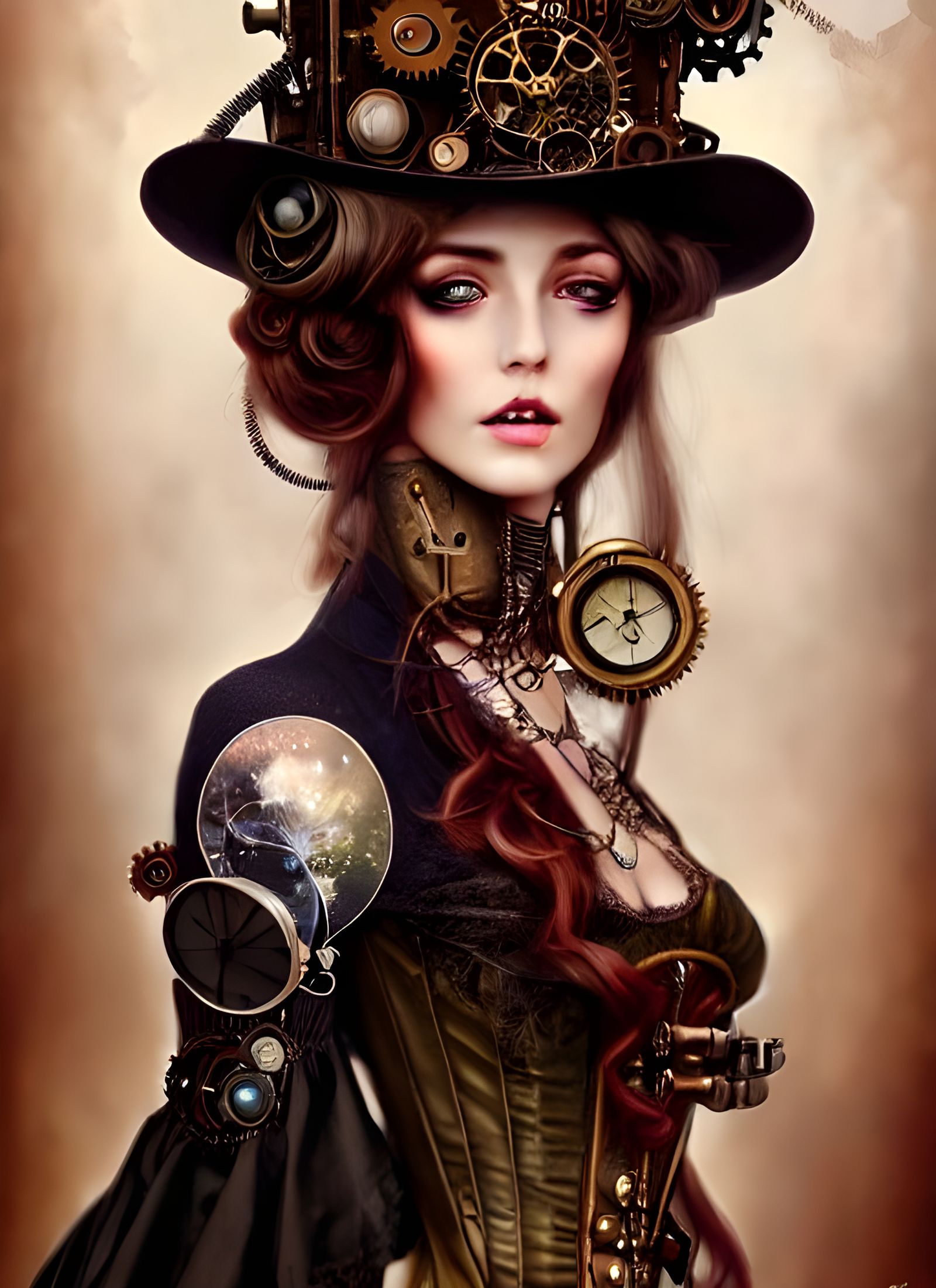 Steampunk Woman in Victorian Dress as Oil Painting