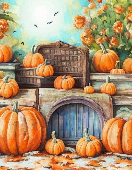 Halloween Pumpkins in Gouache Watercolor Painting