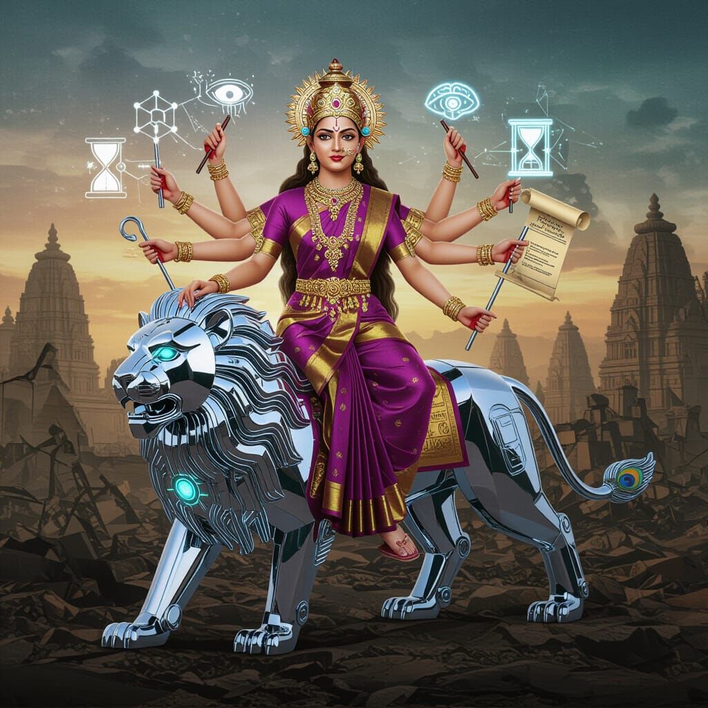 Goddess Durga Riding AI Lion in Cyberpunk Style