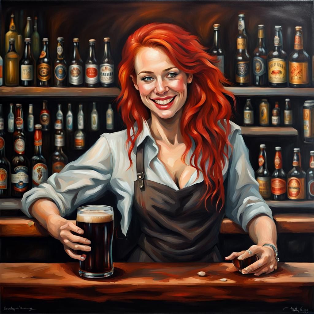 Smiling Bartender Serving Beer: Oil Painting on Canvas