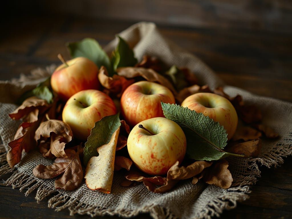 Rustic Autumn Still Life: Apples and Leaves on Burlap