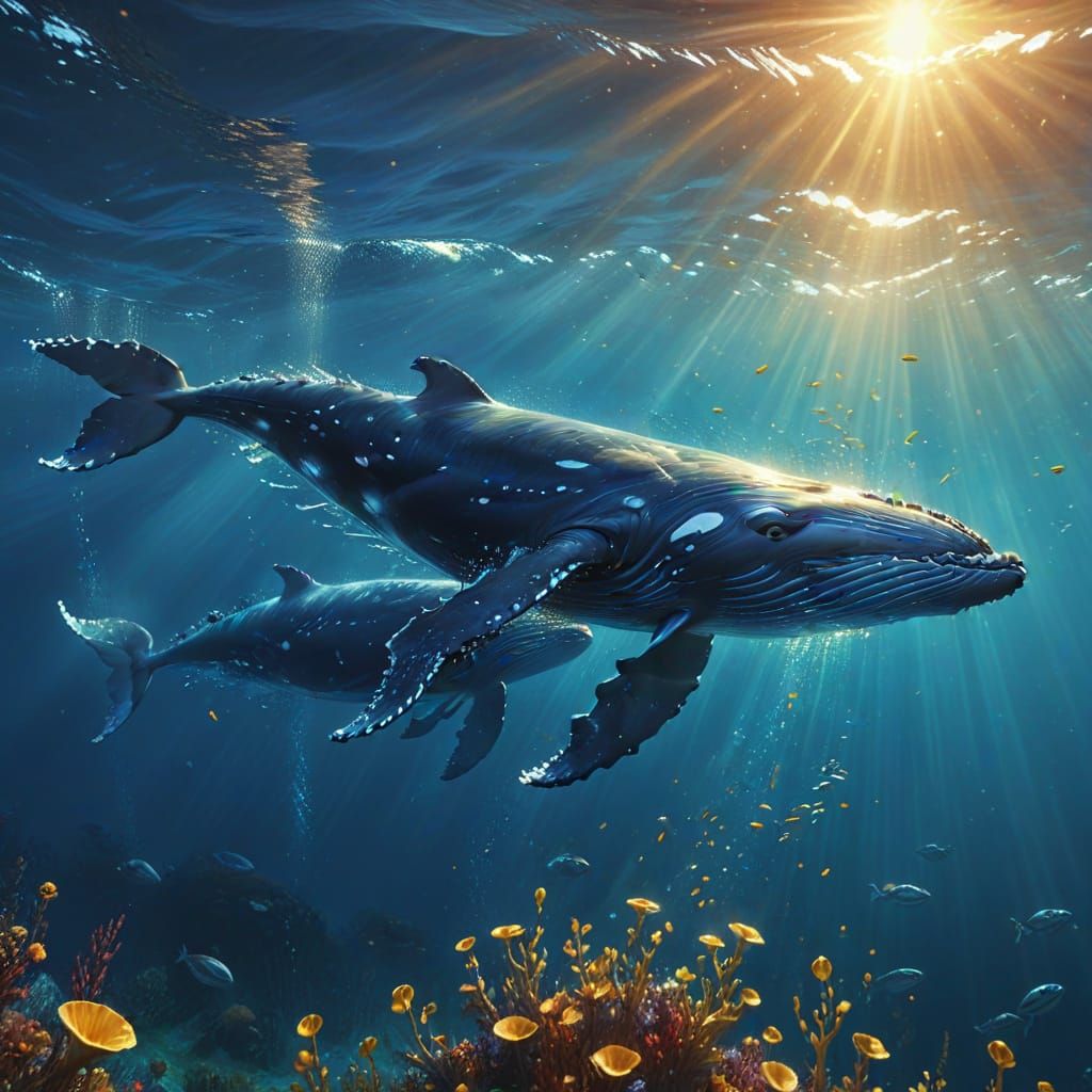 Whales Swimming in Ocean: Vibrant Digital Painting