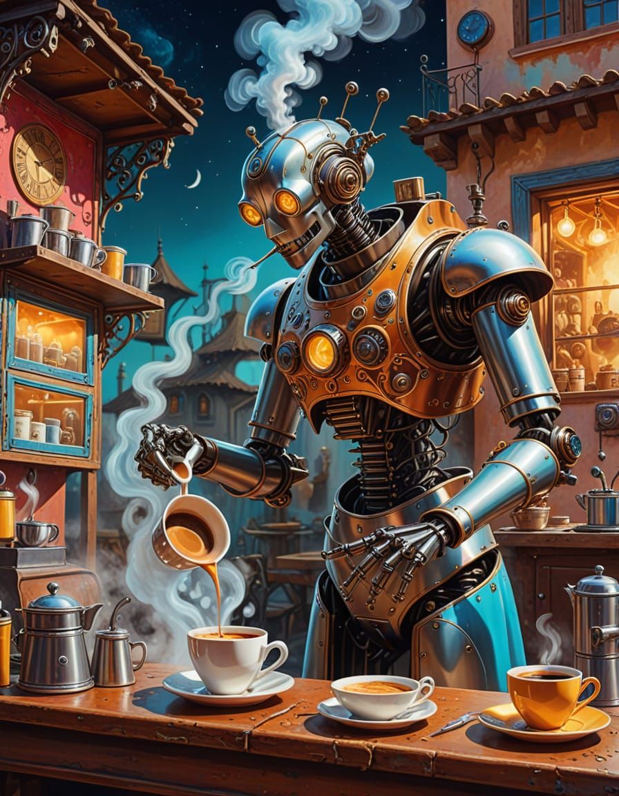 Clockwork Robot Barista Serving Celestial Coffee