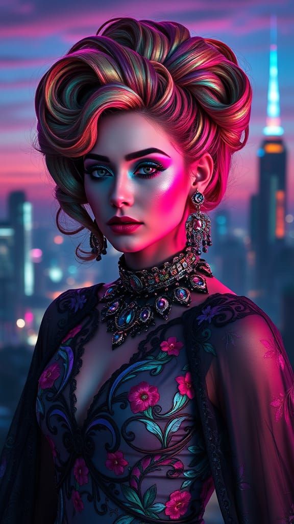 Whimsical Spring Gala in Retro-Futuristic Cityscape