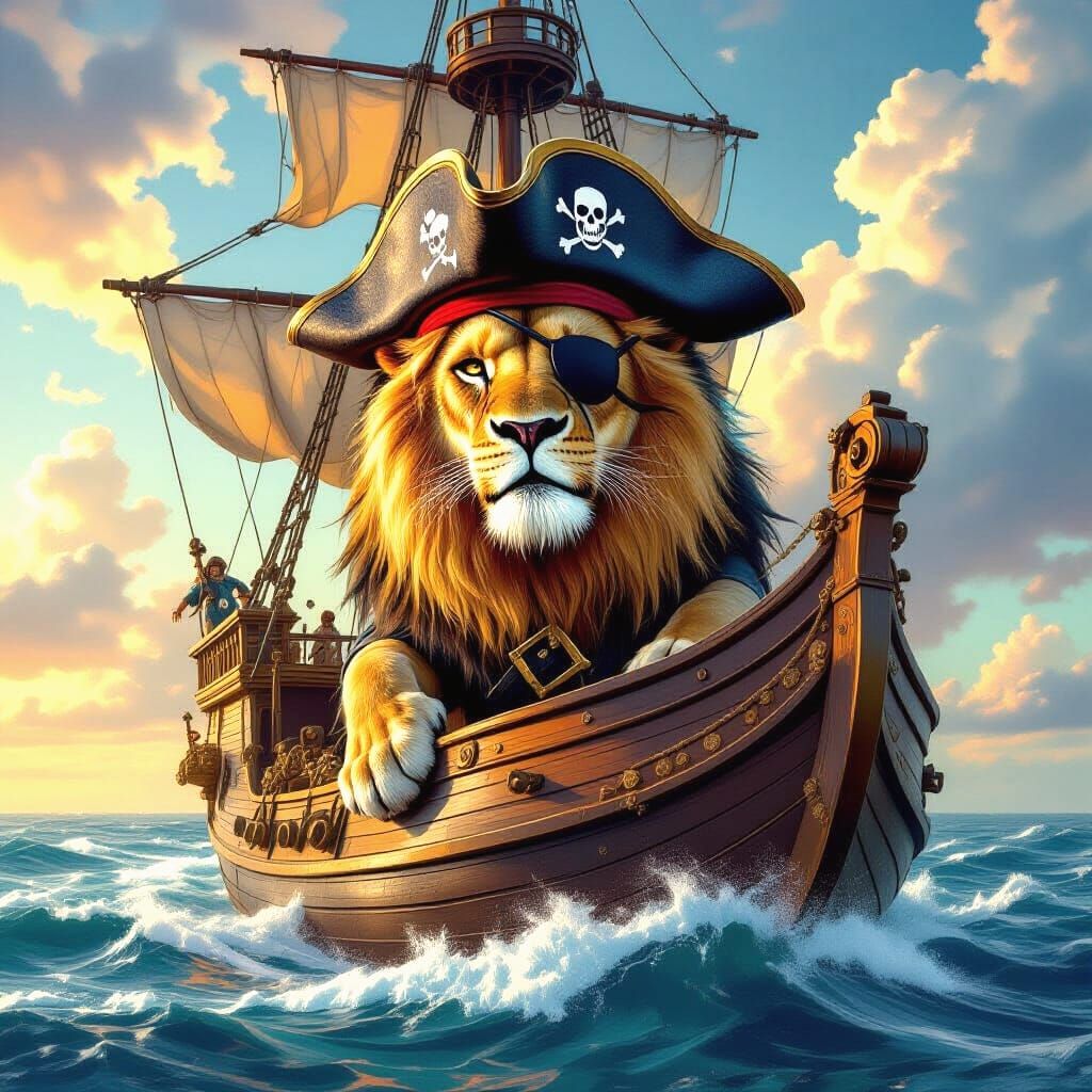 Regal Lion Pirate Captain on Stormy Sea