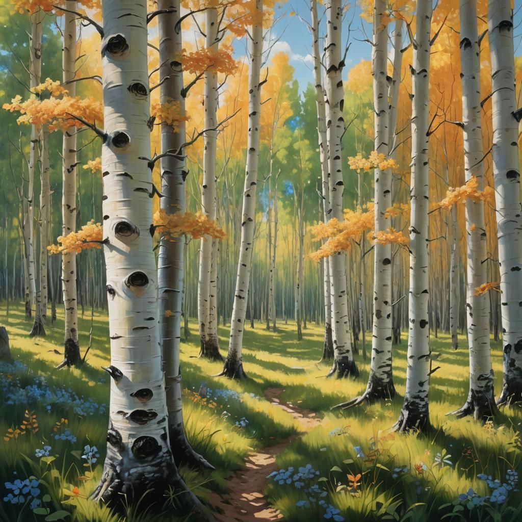 Aspen Forest Oil Painting with Dappled Sunlight