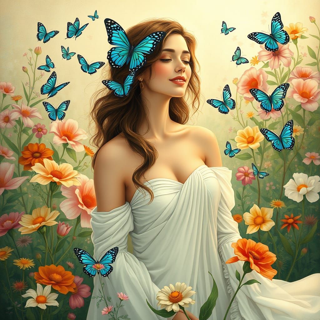 Ethereal Art Nouveau Woman Surrounded by Blooming Flowers an...