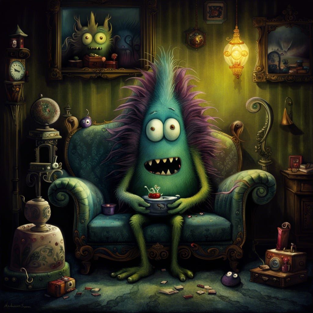 Monster Watching TV in Whimsical Style