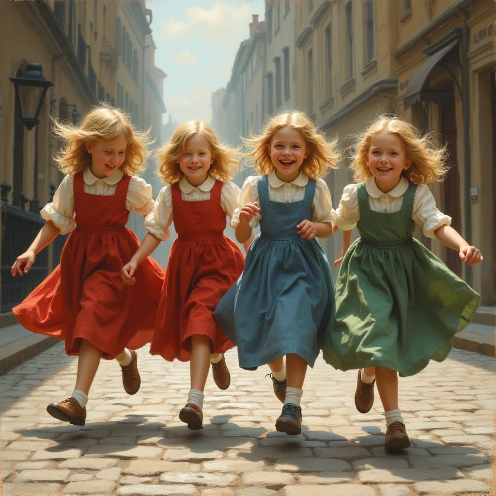 Victorian Girls in Colorful Dresses Running Joyfully