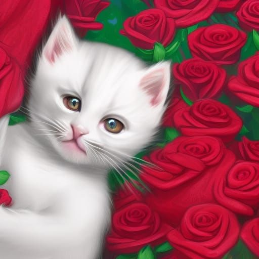 White Kitten Playing with Yarn and Roses