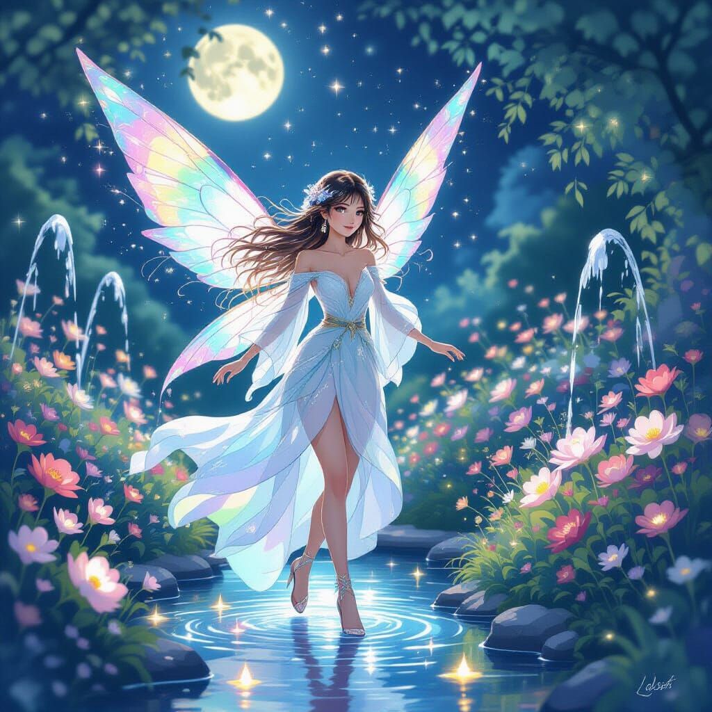 Bioluminescent Angel in Moonlit Garden
