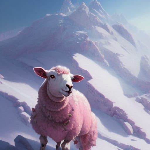 Pink Sheep on Snowy Mountain: Hyperdetailed Concept Art