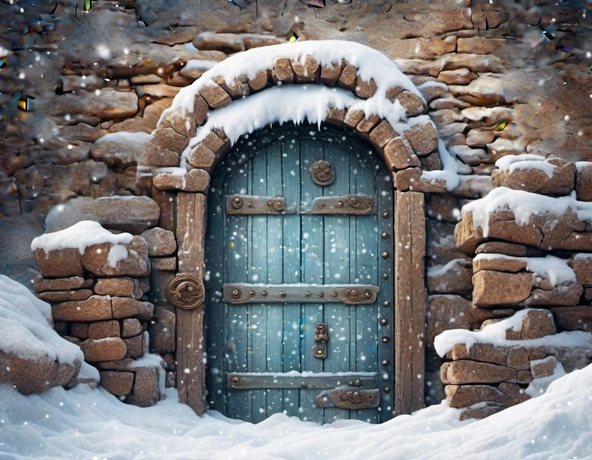 Snowy Stone Wall with Hidden Wooden Door