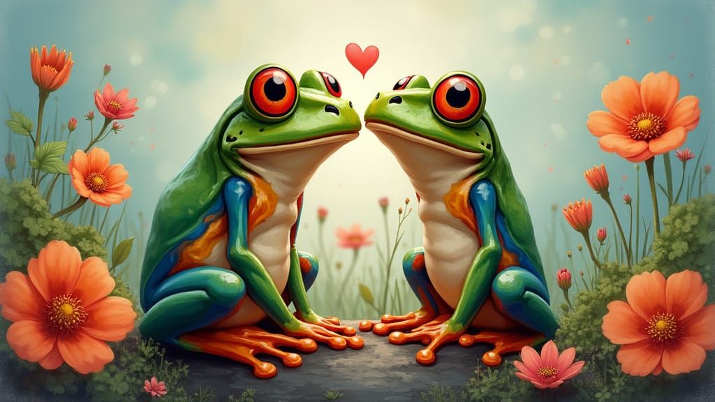 Romantic Frog with Flowers in Expressive Digital Art