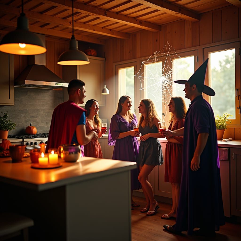 Halloween Party in Modern Kitchen with Golden Lighting
