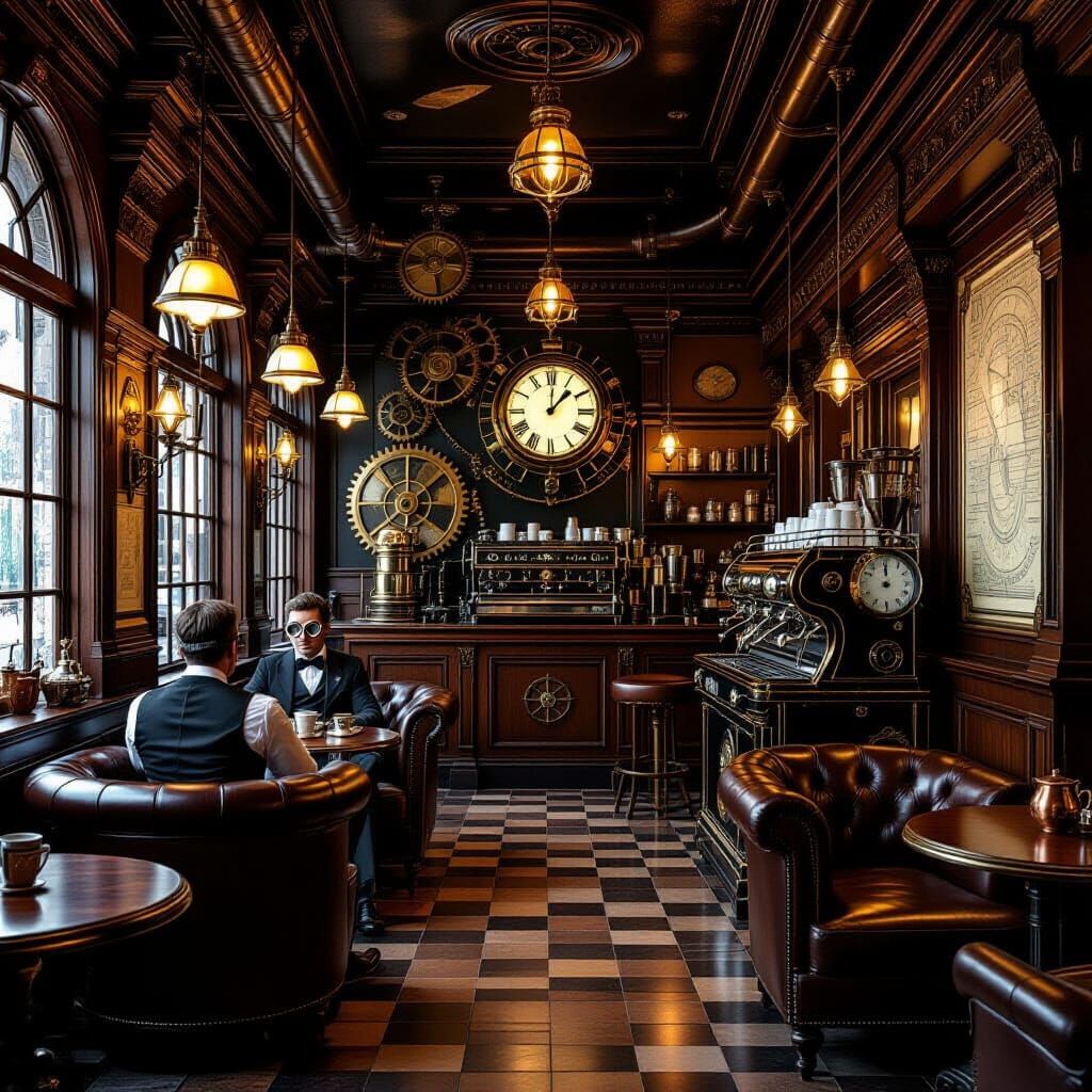 Steampunk Victorian Cafe Interior with Clockwork Mechanisms