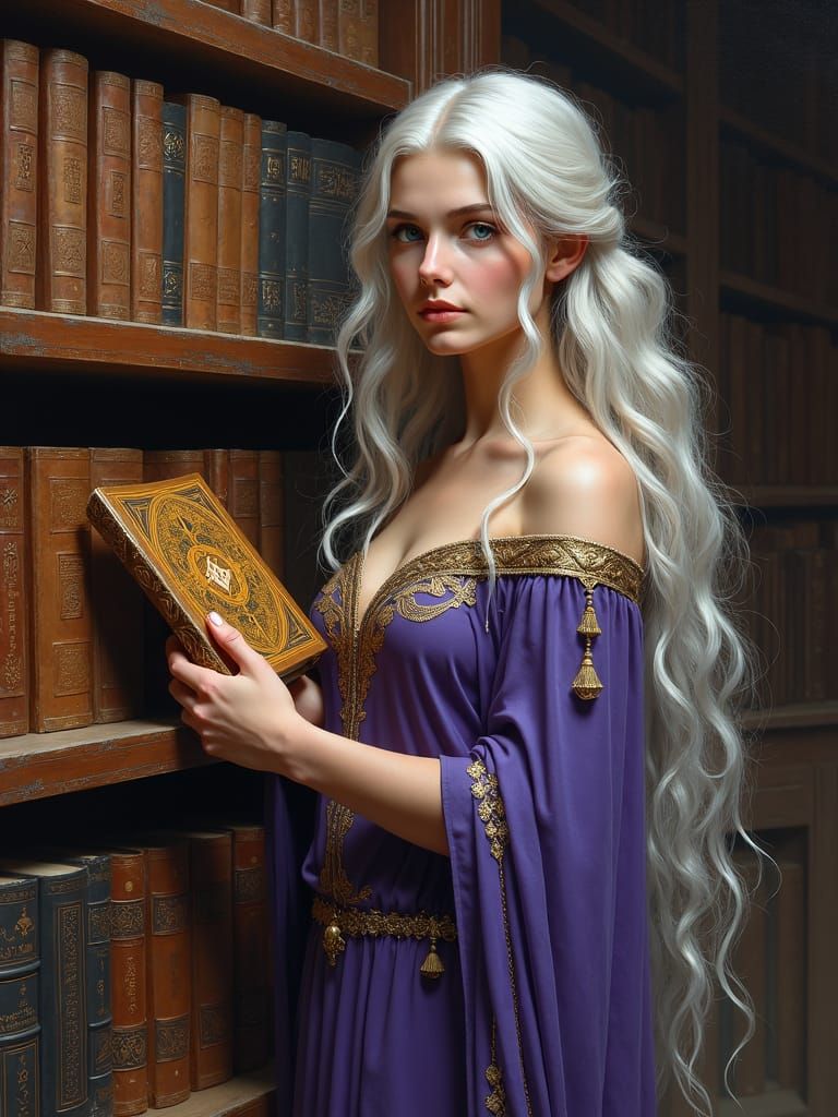Norse Goddess Snötra in Library, Oil Painting