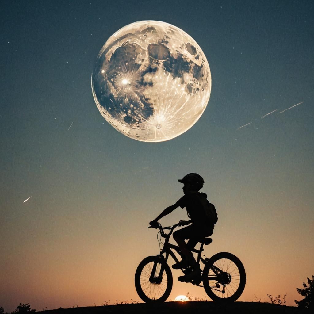 Boy Rides Bike Across Moonlit Sky Silhouette