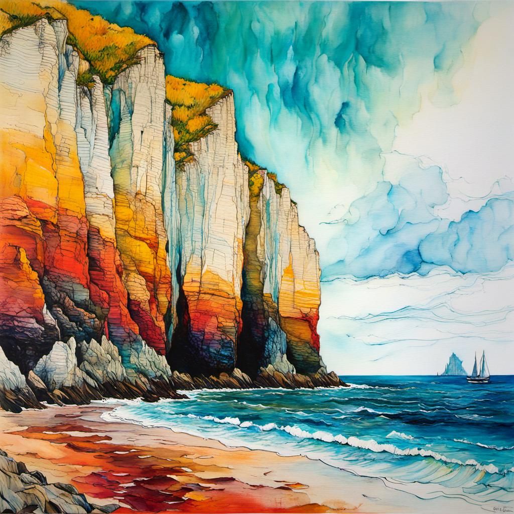 Encaustic Chalk Cliffs in Post-Impressionist Style