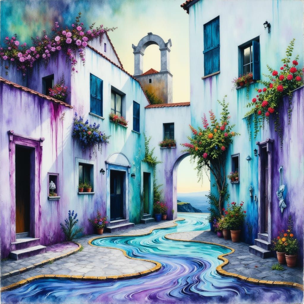 Dreamy Mediterranean Courtyard in Fluid Acrylic Paint Style