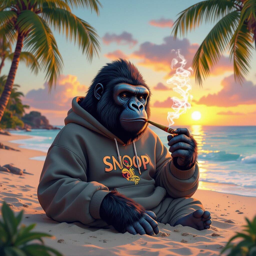 Gorilla in Hoodie Smoking at Sunset: Anime-Inspired 3D Rende...