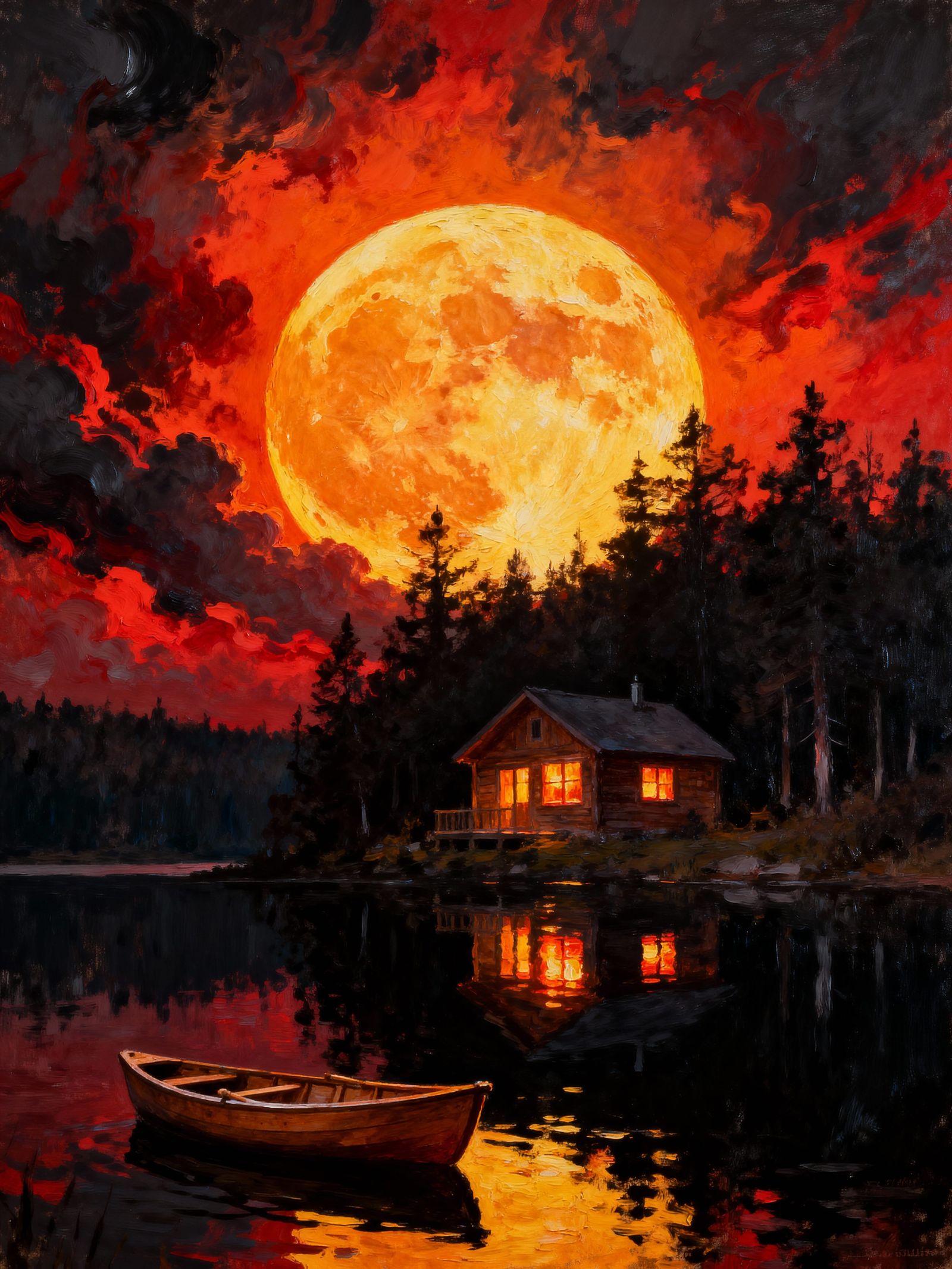 Crimson Moon Glows Over Secluded Lake Cabin