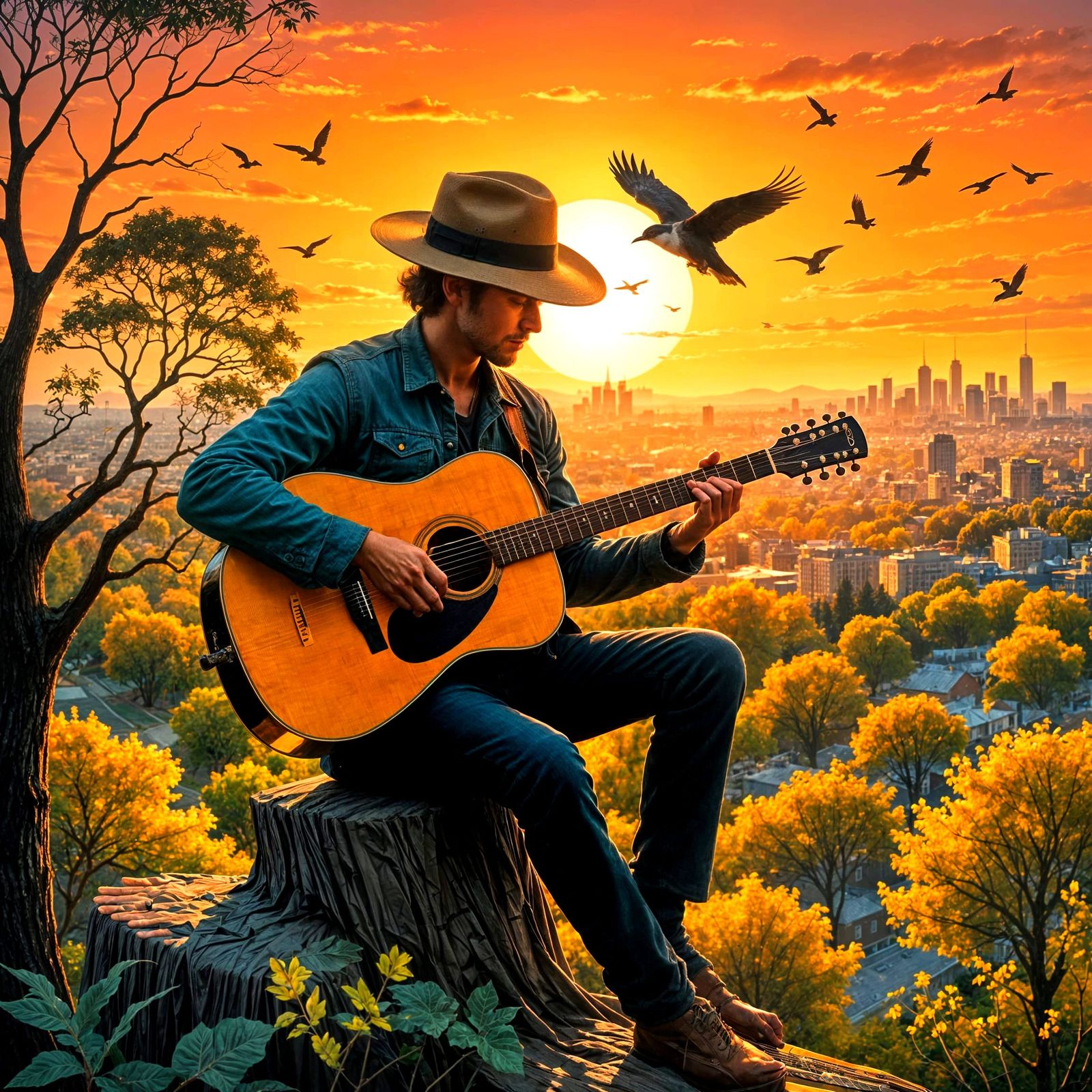 Surreal Guitarist Merged with Sunset Landscape