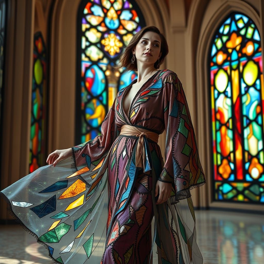 Ethereal Woman in Stained Glass Robe Amidst Kaleidoscopic Wi...