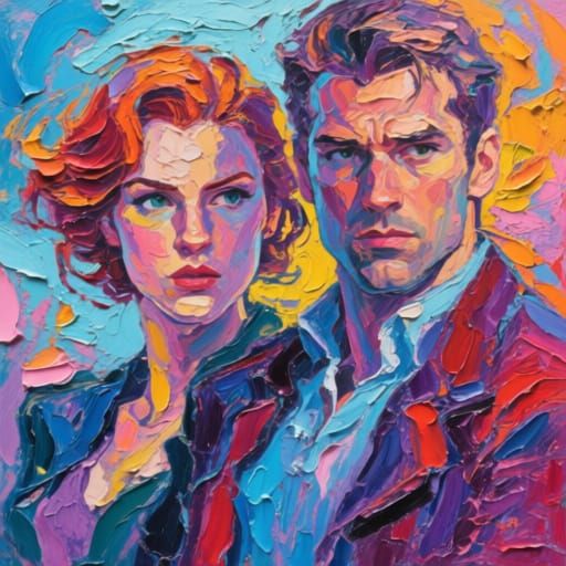 impasto colorful moment with the leading characters appear i...