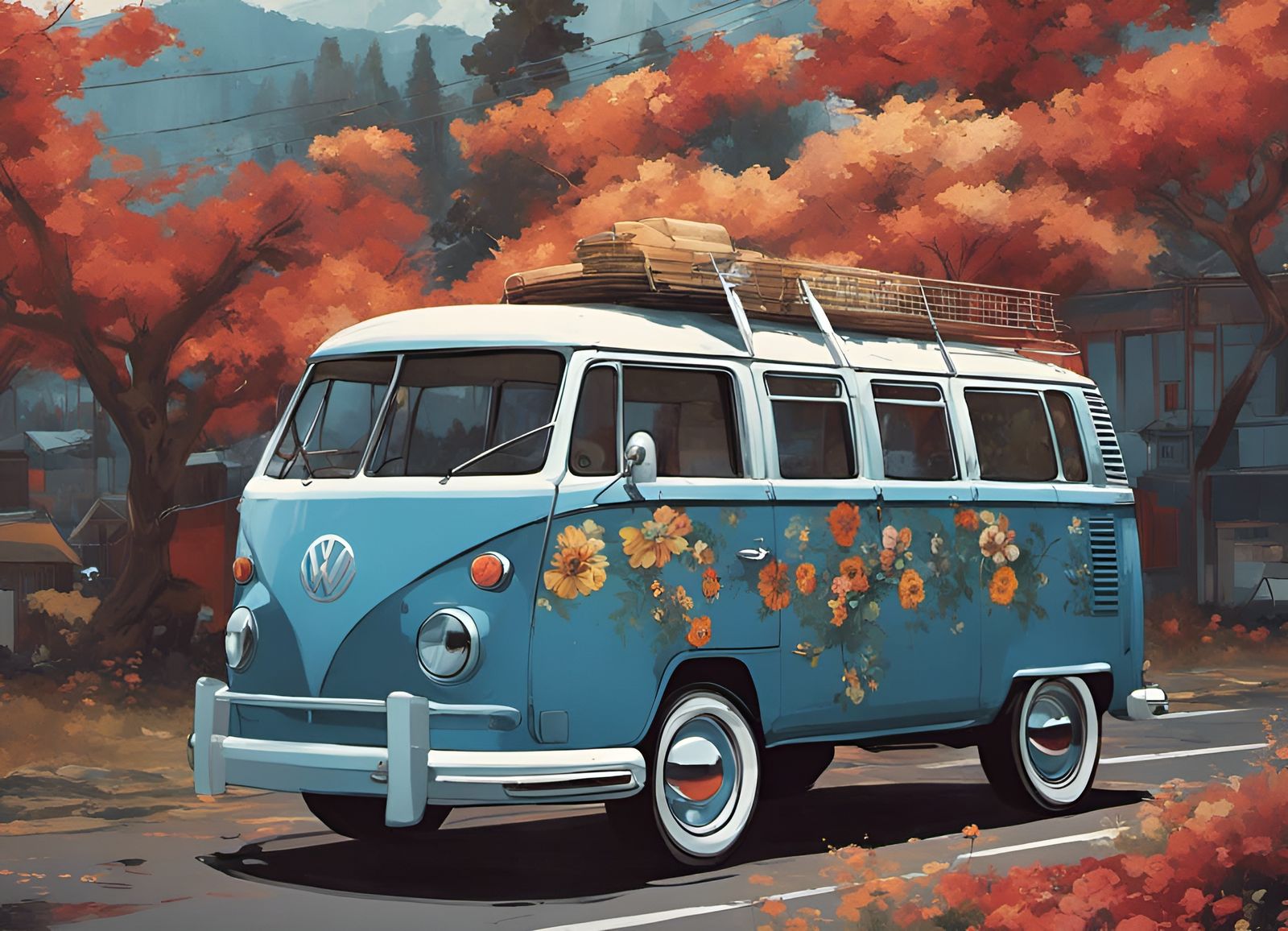 Floral VW Bus in Cinematic Style