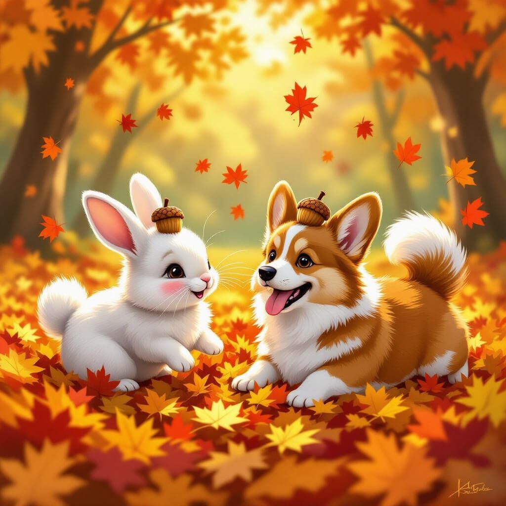 Fluffy Bunny and Corgi Play in Autumn Leaves