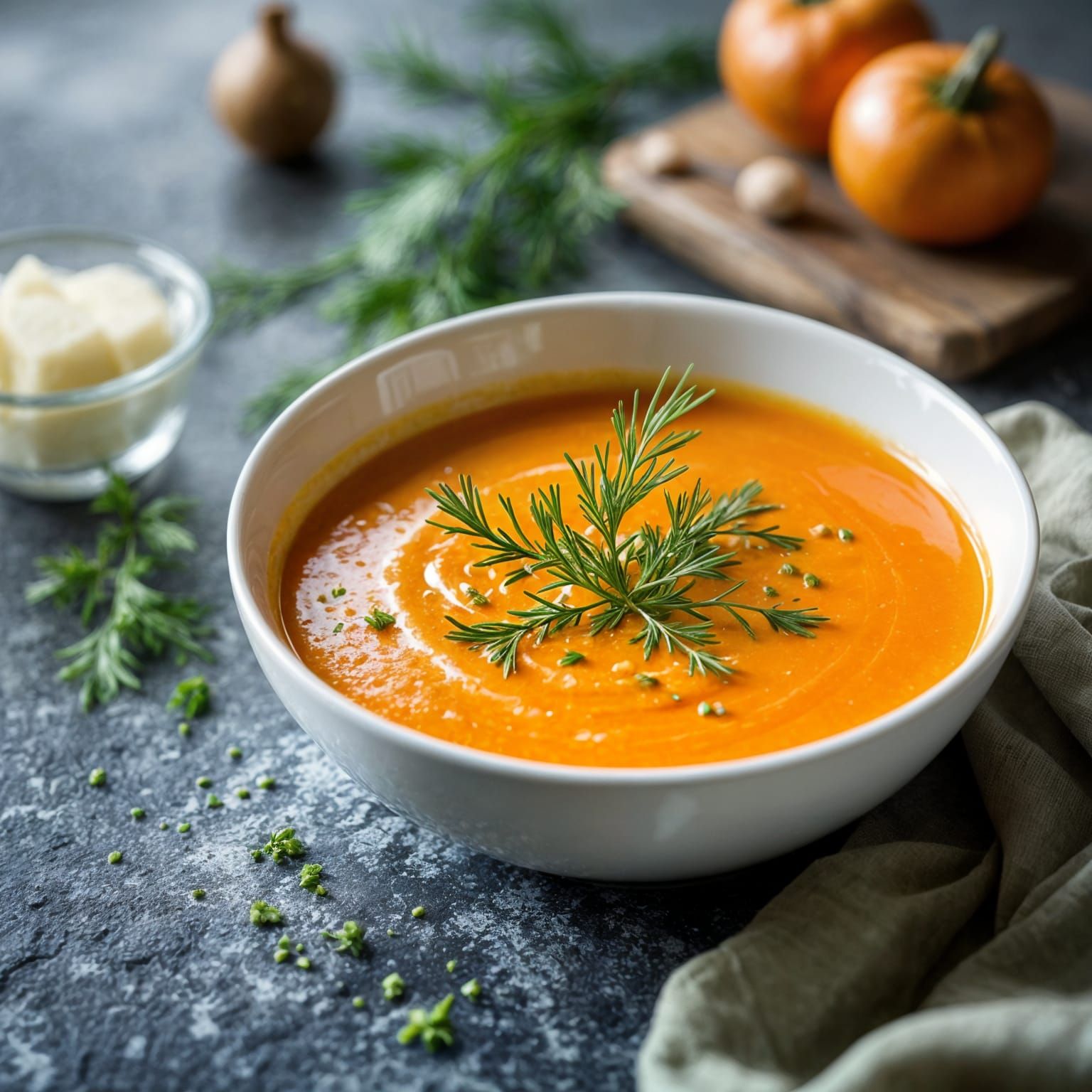 Creamy Orange Soup with Dill, Professional Photography