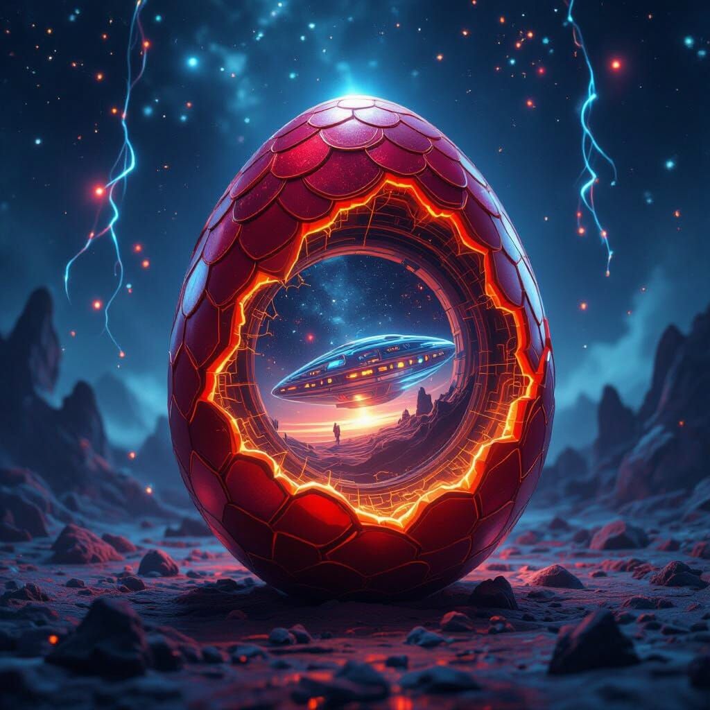 Cosmic Egg with Wormhole Revealing Spaceship