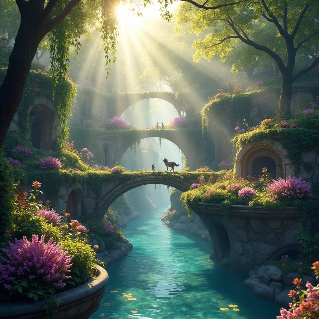 Whimsical Floating Gardens in Radiant Misty Landscape