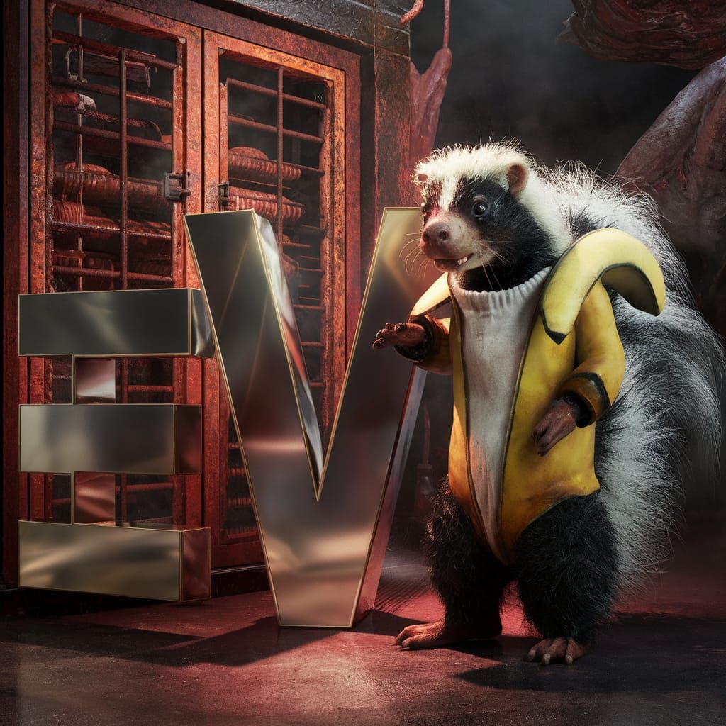 Skunk in Banana Suit Near Floating Letters