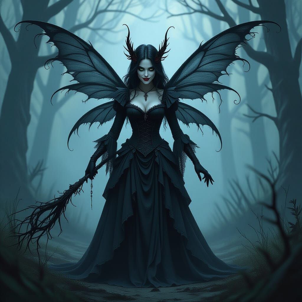 Dark Fairy in Misty Forest as Dark Fantasy Art