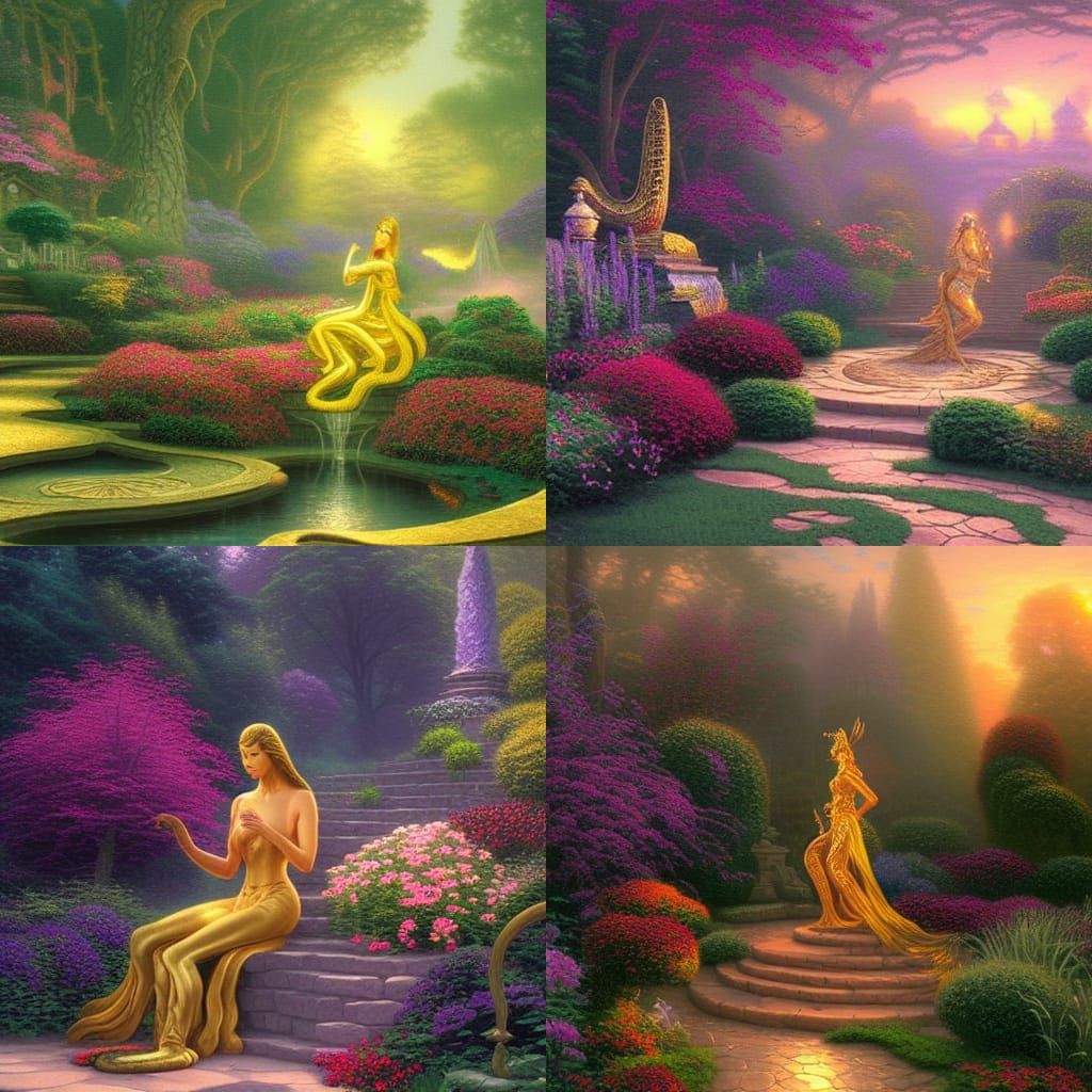 Golden Serpent Woman in Ethereal Garden
