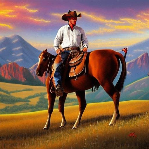 Cowboy on Horseback in Prairie Landscape