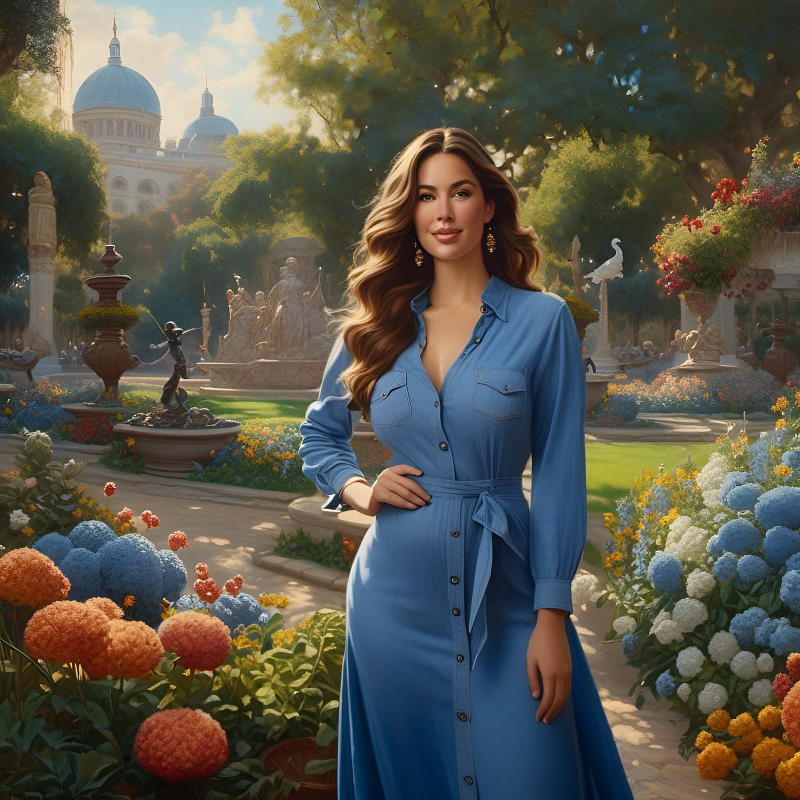 Woman in Denim Dress in Mystic Garden