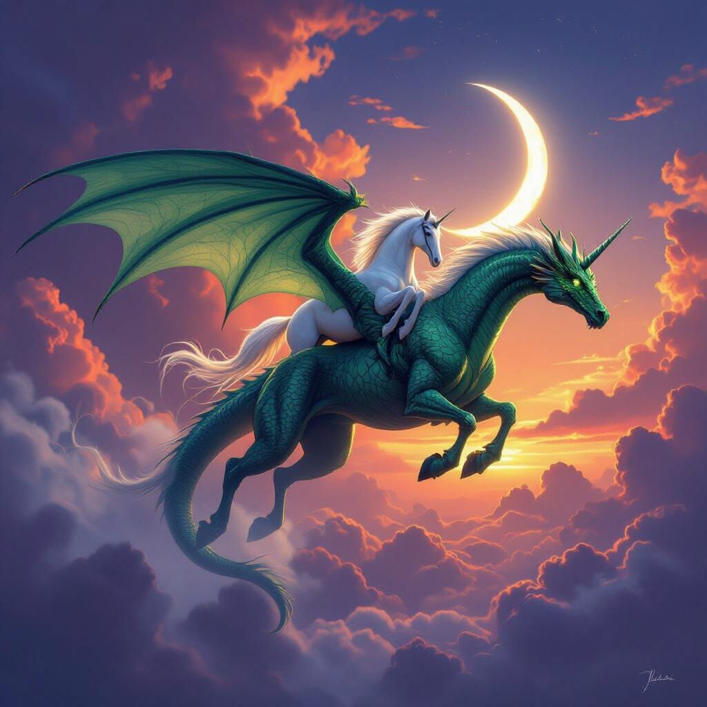Emerald Dragon Carries Horse Through Twilight Sky